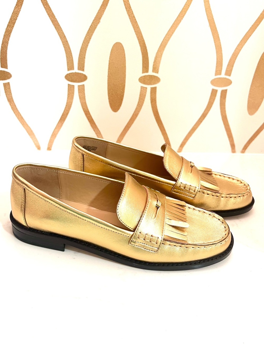 Ann Taylor Gold Metallic Leather Fringe Preppy Classic Penny Loafers - Picture 5 of 11